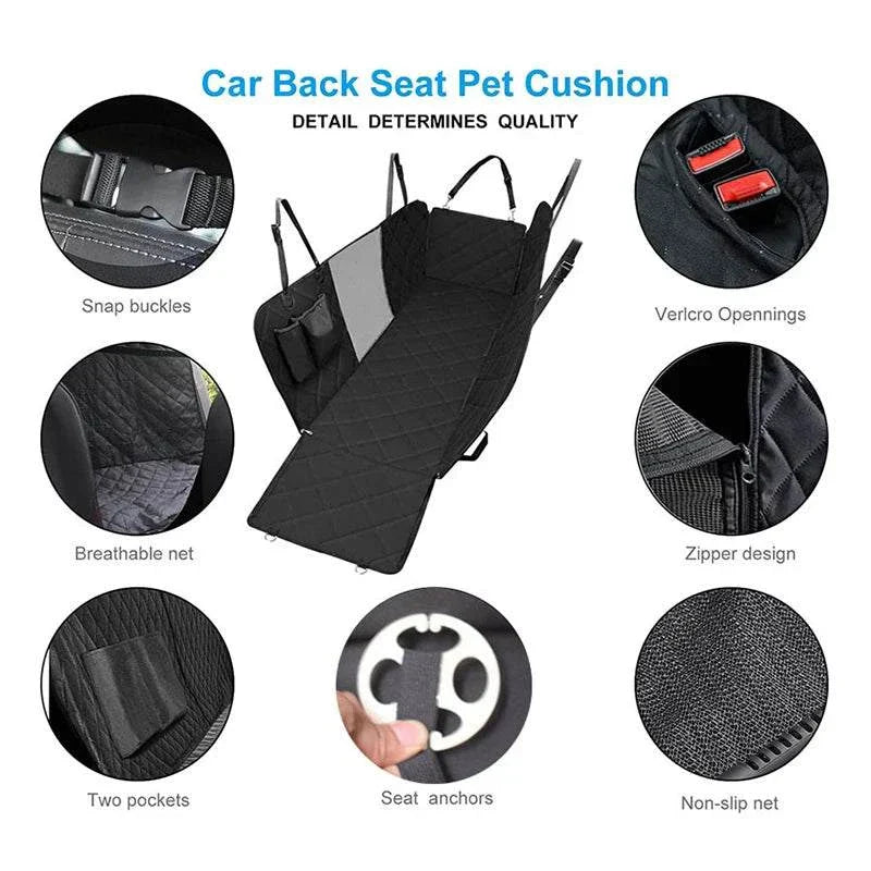 Waterproof car seat cover for pets with snap buckles, breathable net, velcro openings, zipper design, seat anchors, and non-slip backing.