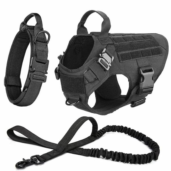 Black dog harness and leash set on a white background