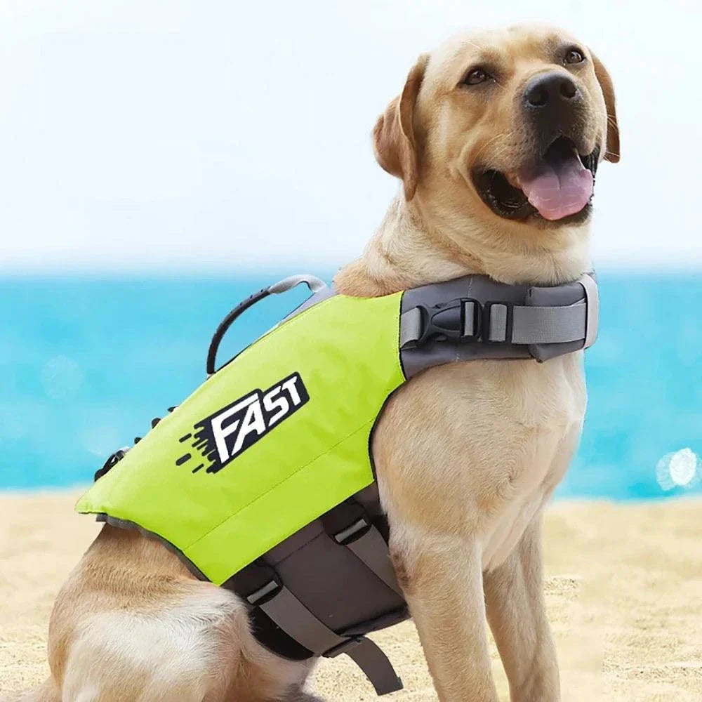 Adjustable reflective dog life jacket in a bright summer design, featuring buoyant foam, safety handle, and reflective strips for swimming and surfing.