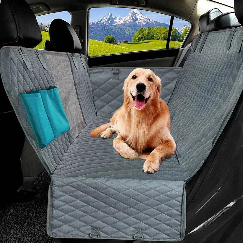 Waterproof car seat cover for pets, travel hammock style, shown with a dog in the back seat of a car.