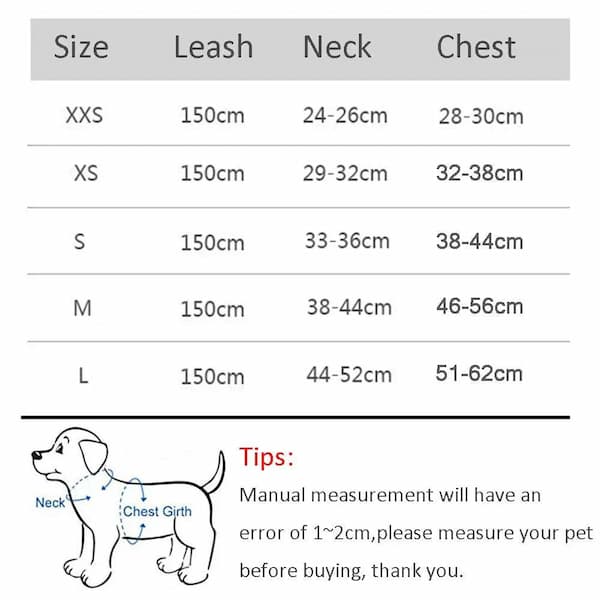 Size chart for dog leashes, necks, and chests with measurements and a diagram of a dog.