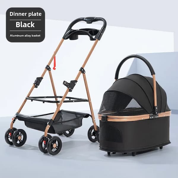 Black baby stroller and bassinet on a light gray background