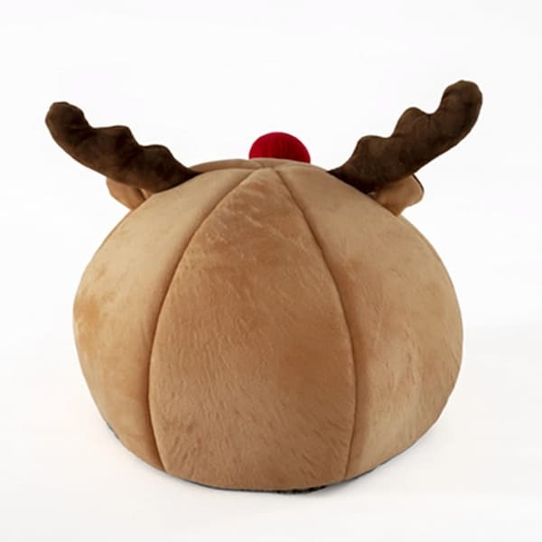 Beige reindeer-shaped cushion with brown antlers on a white background