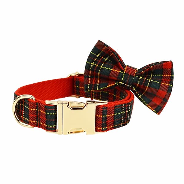 Red and black plaid dog collar with a matching bow tie on a white background