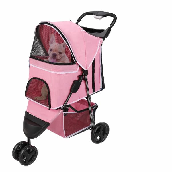 Pink pet stroller with a dog inside on a white background
