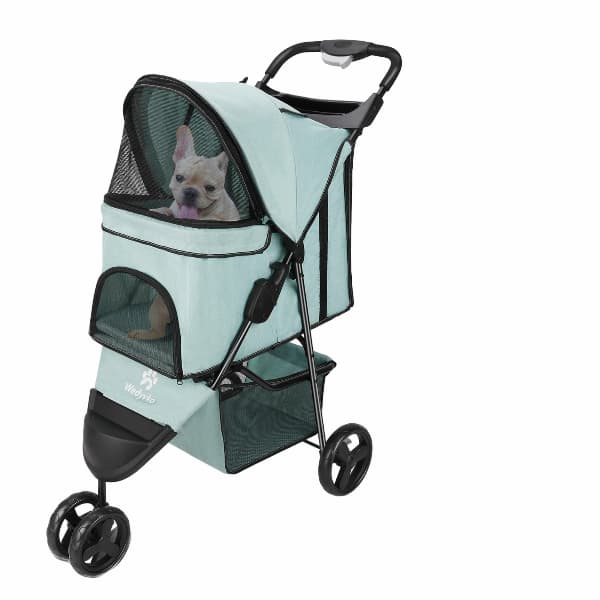 Pet stroller with a dog inside on a white background