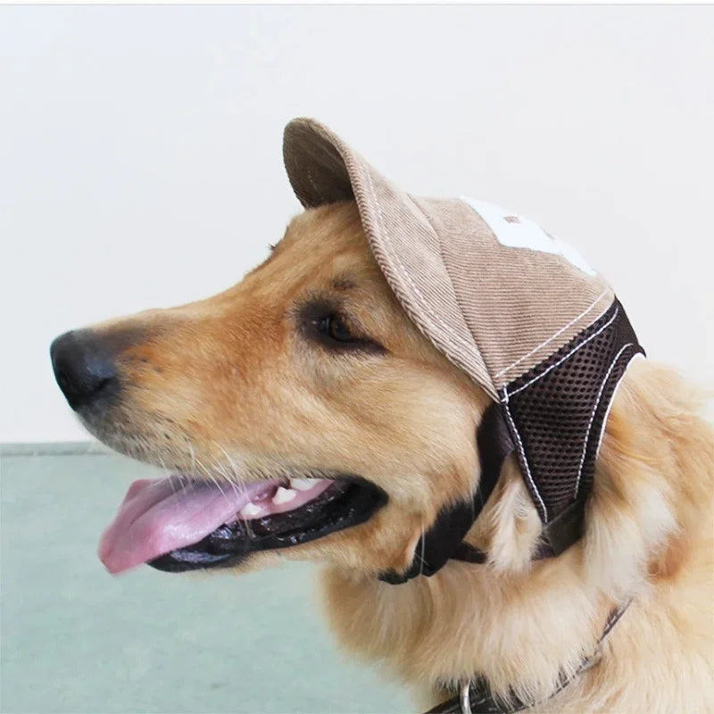 Dog wearing a beige sun protection cap with mesh design on a light background
