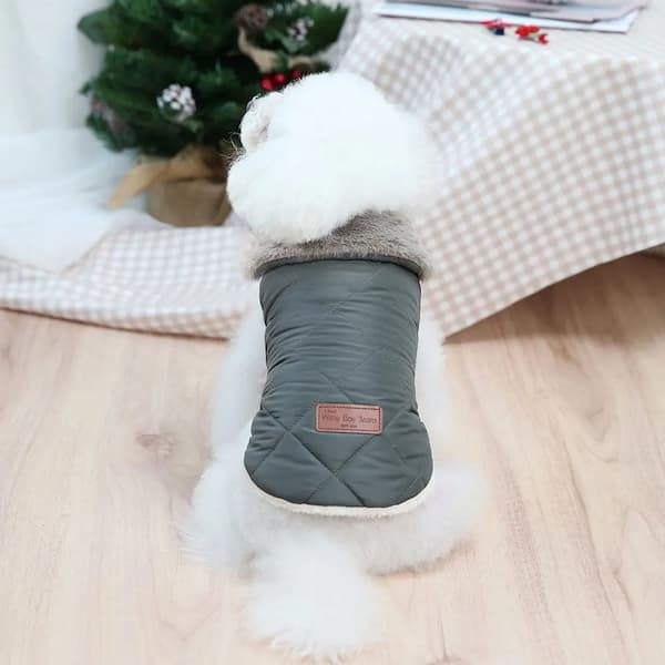 Quilted winter dog jacket with faux fur collar in beige, green and pink colours