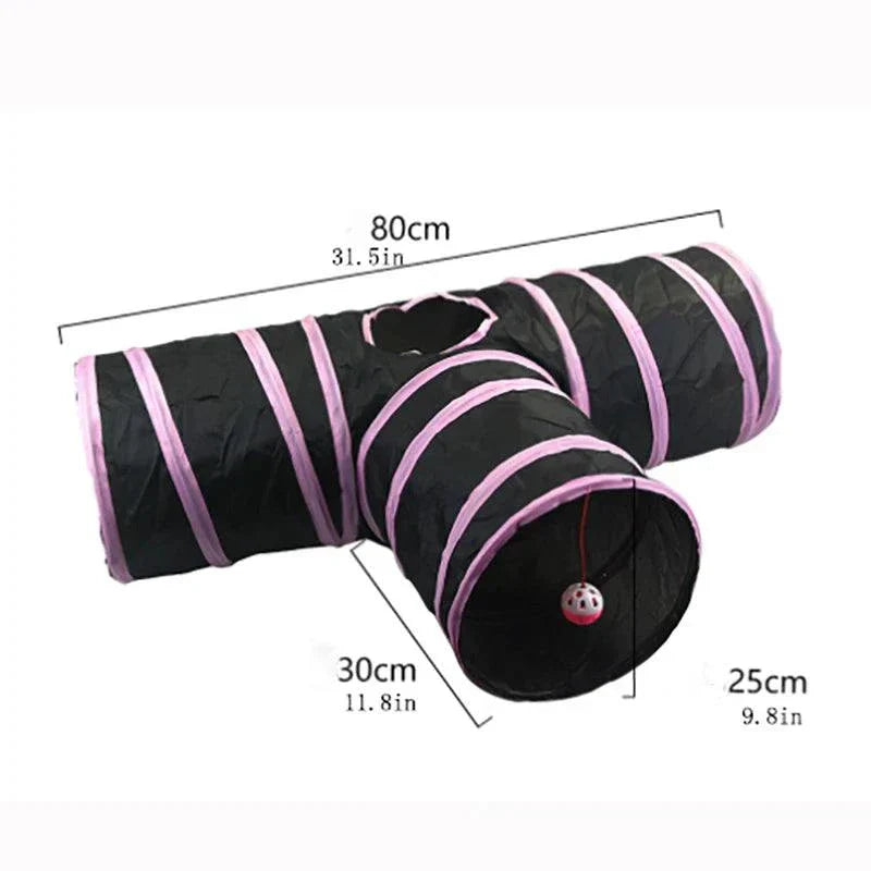 Foldable pet tunnel in durable fabric, suitable for cats, rabbits, and guinea pigs. Features multiple openings for interactive play and is easy to store.