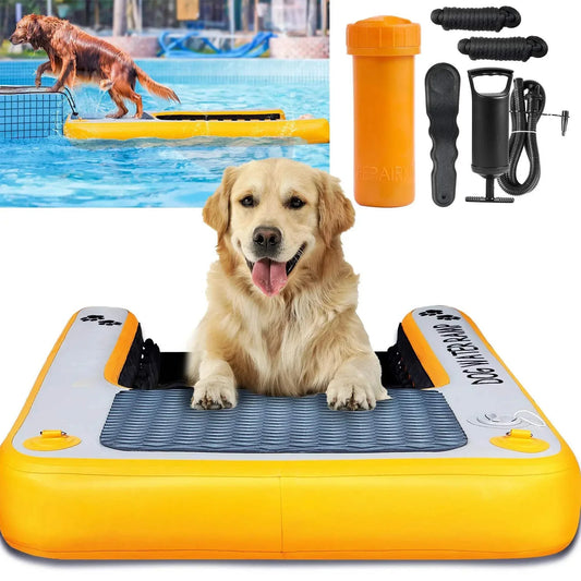 Inflatable dog ramp for pool and boat, non-slip EVA foam platform, safe water access, supports up to 200 lbs.