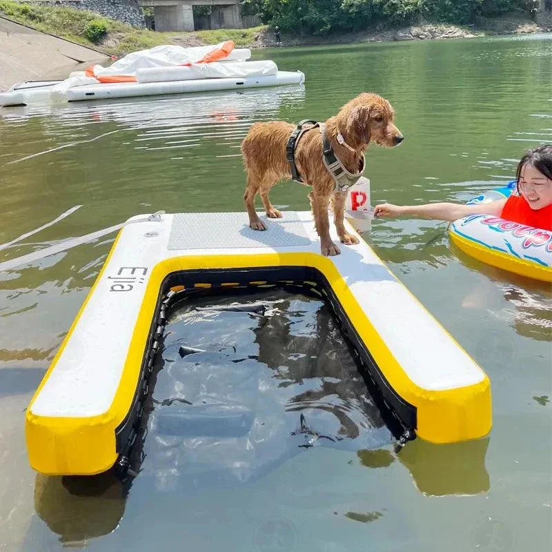 Inflatable dog ramp for pools and boats, featuring a dog standing on the ramp in water, providing easy access and fun.