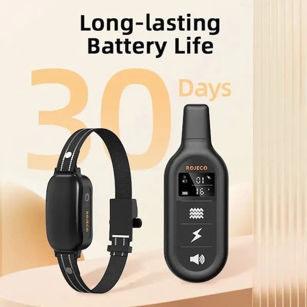 Black electronic device with digital display and strap, labeled 'RQJECO', on a beige background with 'Long-lasting Battery Life 30 Days' text.