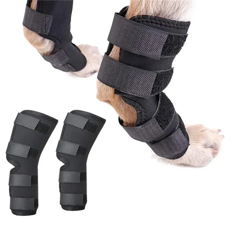Pair of black adjustable dog knee braces – joint support pads for front or rear legs, suitable for small to large breeds