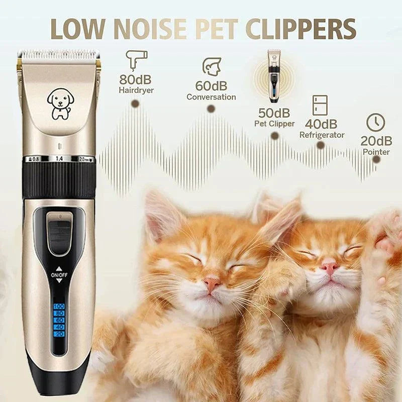 Cordless rechargeable pet hair clippers for dogs, cats, and rabbits with low-noise operation and precision blades.