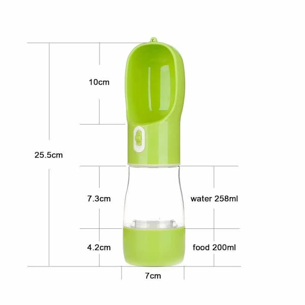 Green pet water and food dispenser with dimensions on a white background