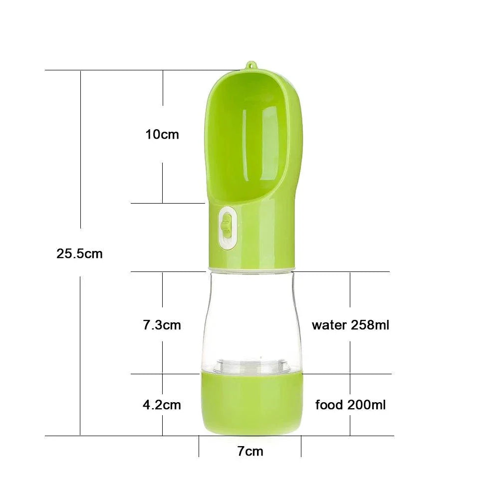 Portable dog water bottle and food bowl, ideal for outdoor travel, hikes, and road trips, leak-proof and lightweight design.