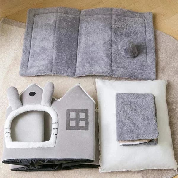 Soft plush pet house bed for cats and small dogs with enclosed design for warmth comfort and security indoors