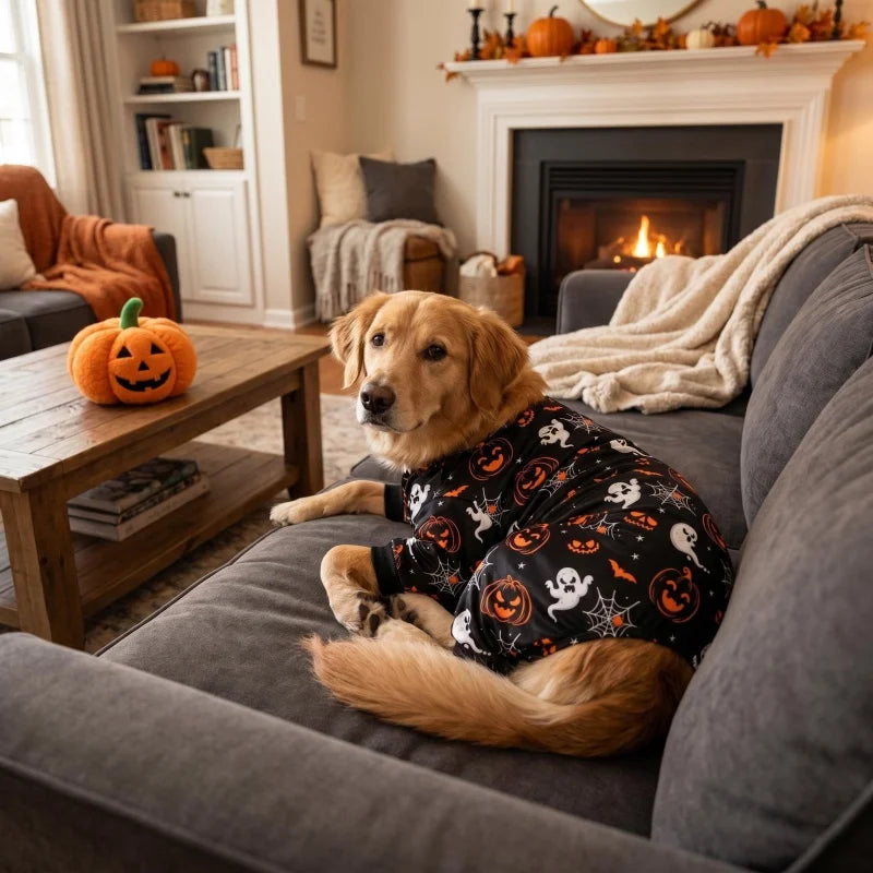 A golden retriever dog wearing a black Halloween pajama shirt with a pumpkin and ghost pattern, lying on a gray sofa in a cozy living room with a fireplace and pumpkins.