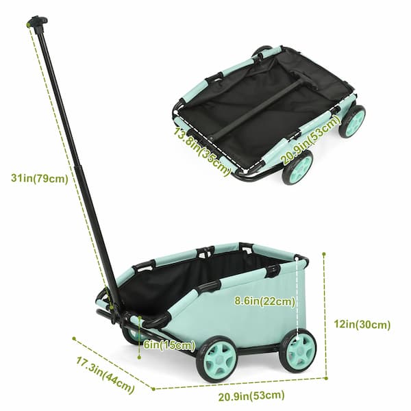 Light blue and black folding cart with measurements on a white background