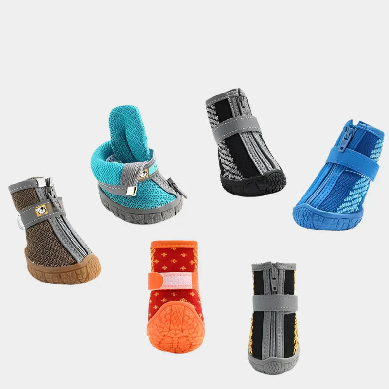 Reflective waterproof pet shoes in various colors for medium and large dogs, featuring non-slip soles and adjustable straps for outdoor protection.