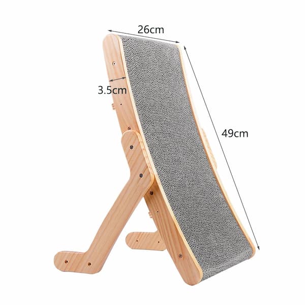 Wooden cat scratcher with dimensions labeled on a white background