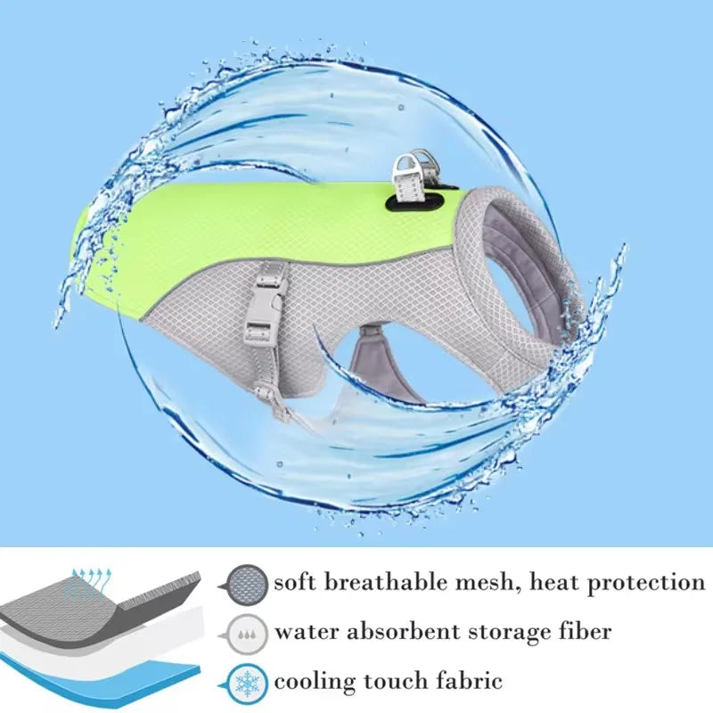 Dog cooling vest with water droplets and feature text on a blue background