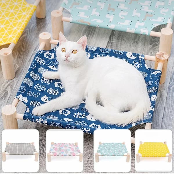 White cat on a blue patterned pet hammock with additional views of similar hammocks.