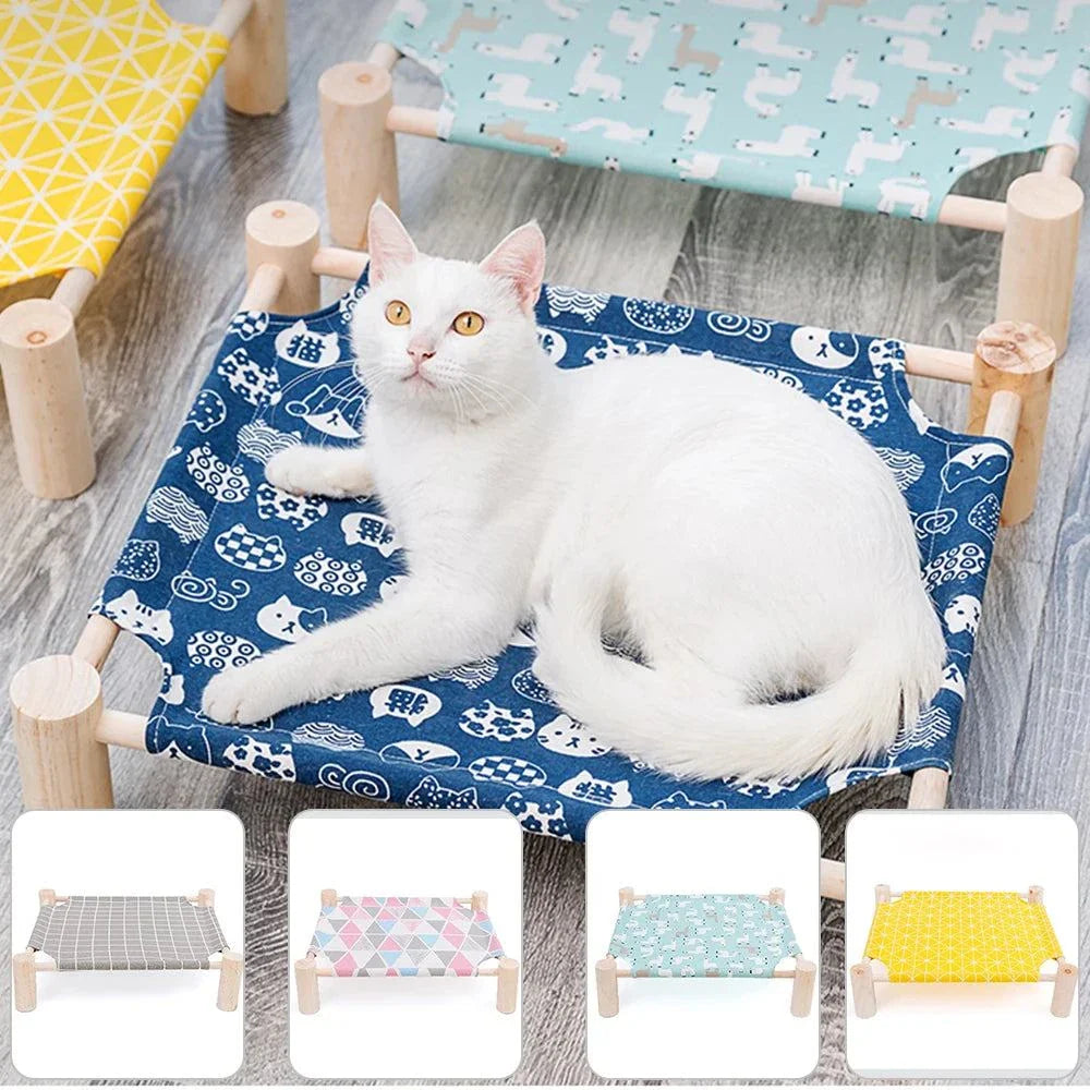 Modern wooden raised cat bed with comfortable fabric cushion, featuring a sleek and stylish pet furniture design.