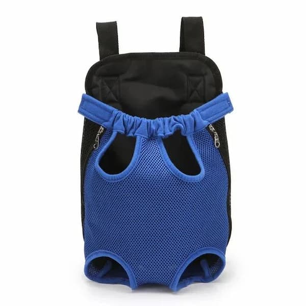 Blue pet carrier with black interior on a white background