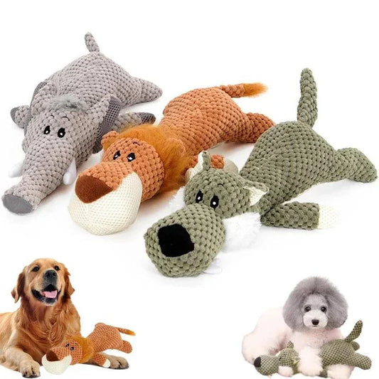 Durable plush squeaky dog toys for large dogs, featuring cute fleece designs, perfect for play and dental health.