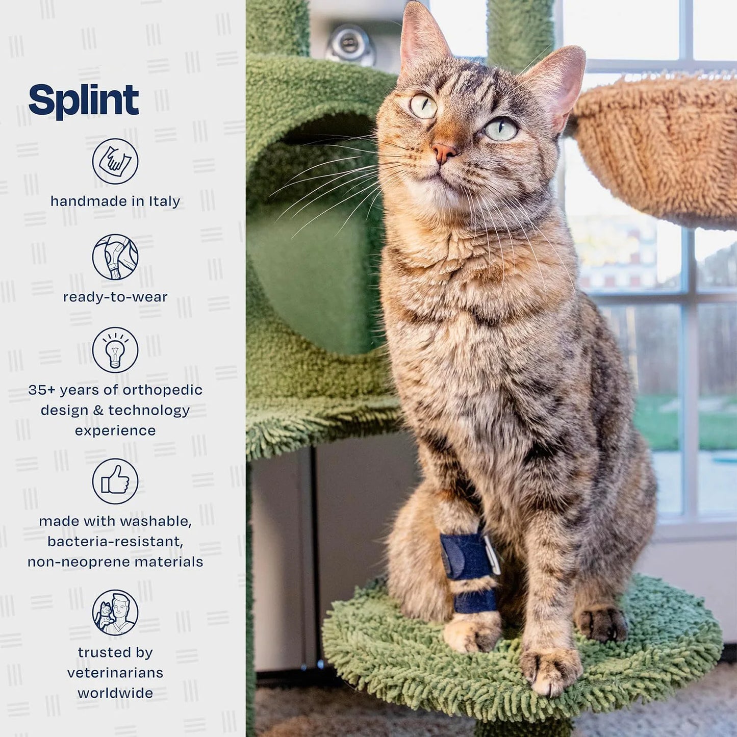 Cat wearing a Splint on a cat tree with product features listed on the left.