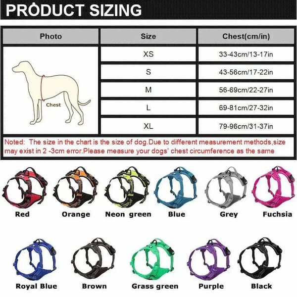 Dog harness product sizing chart with color options