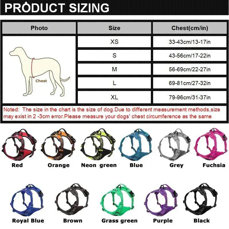 Reflective adjustable pet harness in various colors, breathable vest for dogs and cats, size chart displayed.