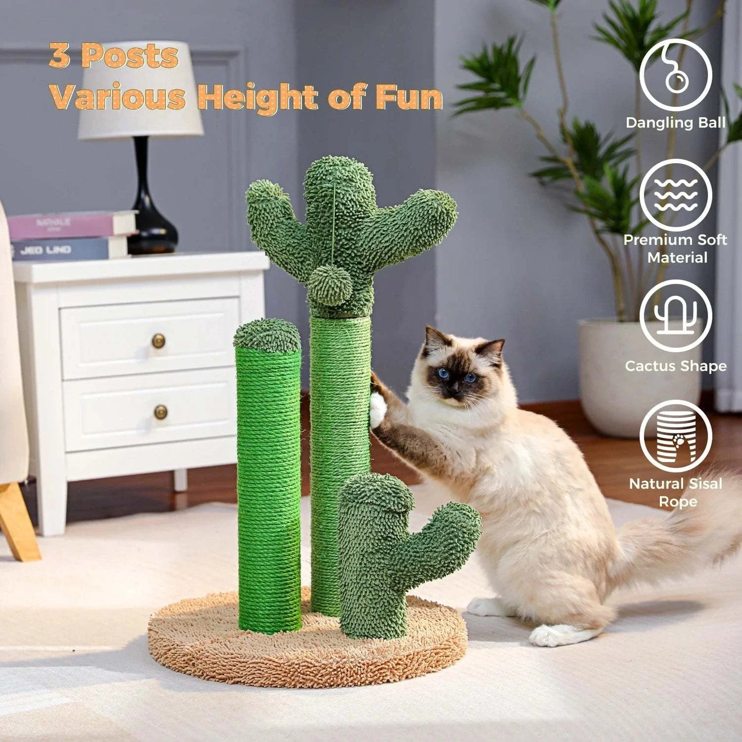 Cactus Cat Scratcher - Durable Cat Scratching Post with 3 Poles & Interactive Dangling Ball | Fun Cat Furniture