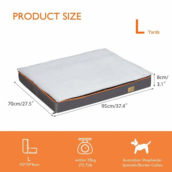 Dog bed with dimensions and weight capacity information on an orange background