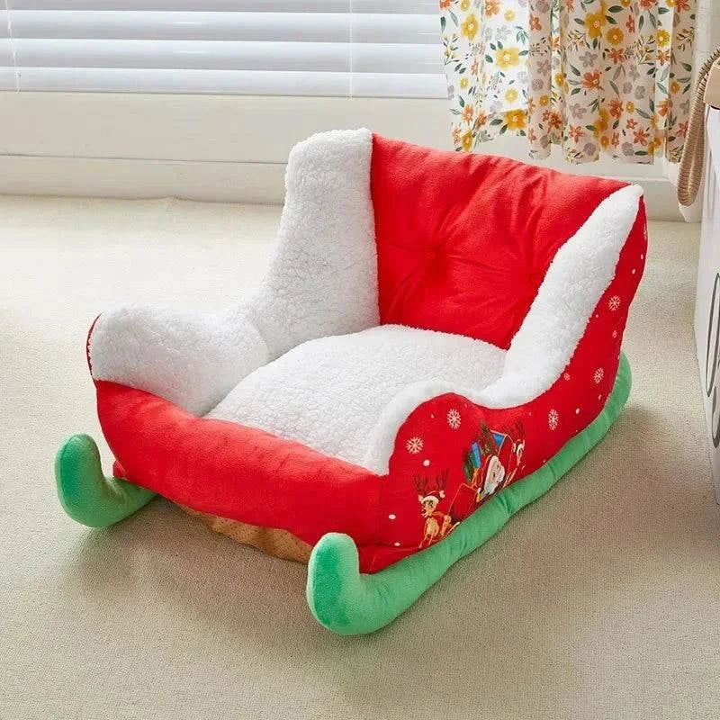 Christmas sleigh cat house dog house, warm cloud nest, winter pet bed, festive design.