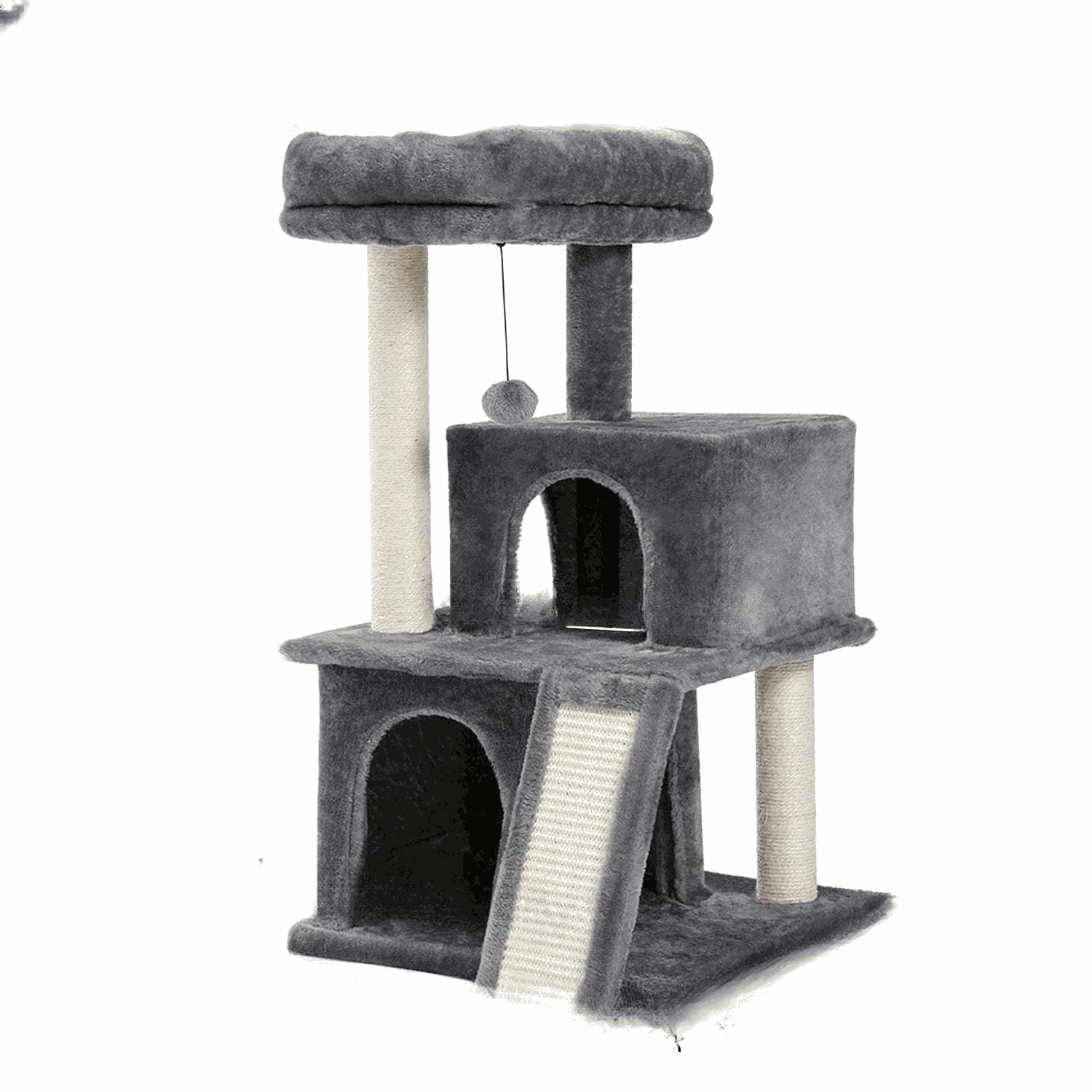 Luxury cat tree with double condos, spacious perch, cat hammock, fully wrapped sisal scratching posts, and dangling balls.