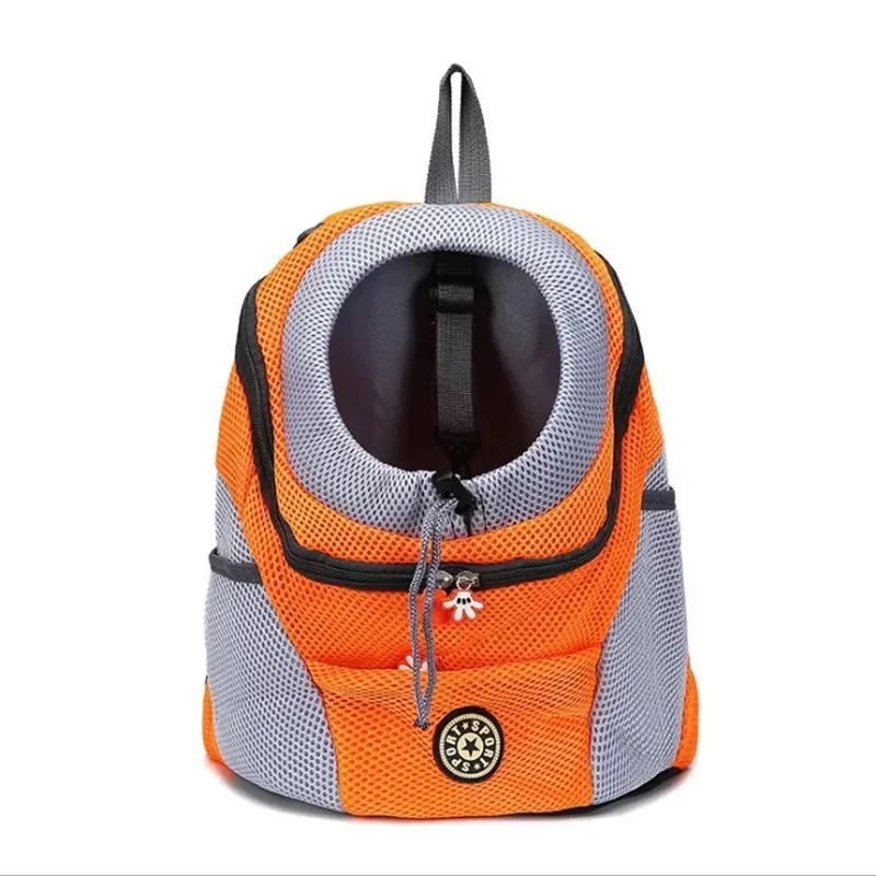 Orange and gray pet carrier backpack on a white background