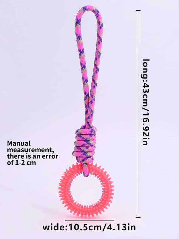 Pink dog toy with a rope and measurement details on a white background