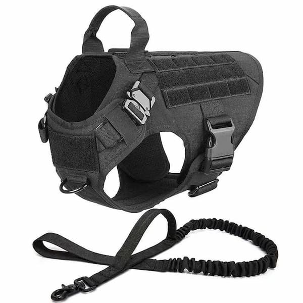Black tactical dog harness with a leash on a white background