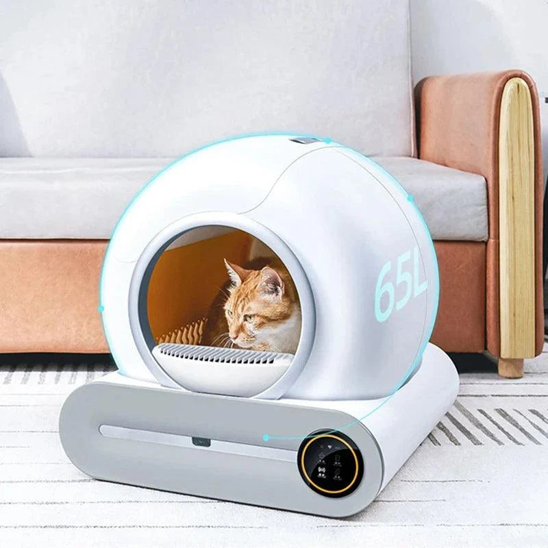 Automatic smart cat litter box with self-cleaning feature, fully enclosed design, and low-maintenance functionality.