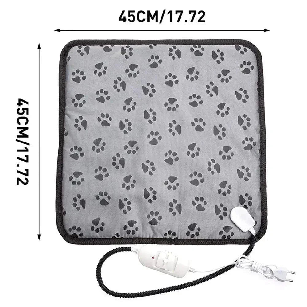 Adjustable pet heating pad with paw print design, 3 temperature settings, bite-resistant wire, and waterproof fabric, size 45cm.