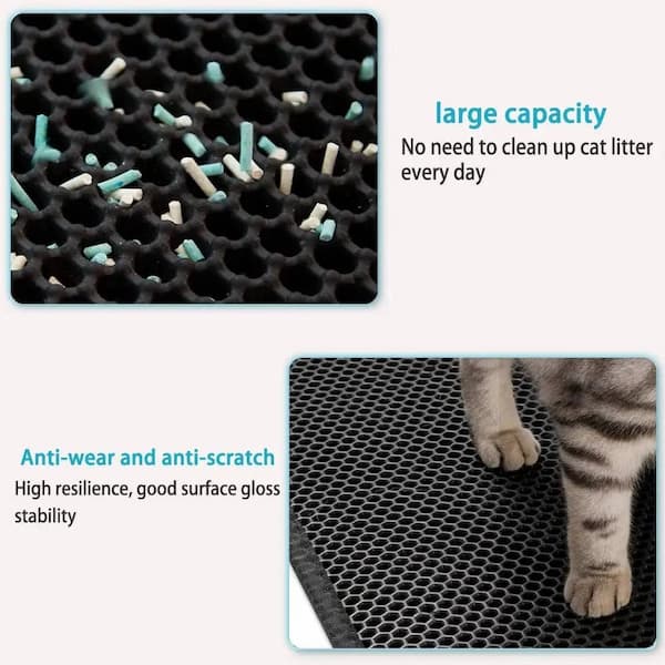 Cat litter mat with text highlighting features like large capacity and anti-wear properties.