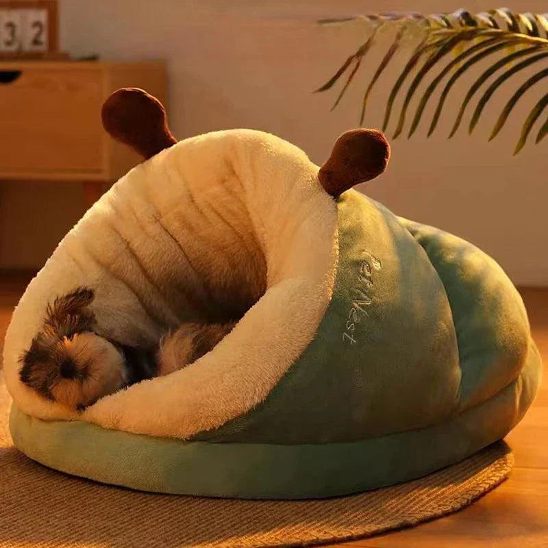 Warm slipper-shaped pet bed for cats and small dogs, soft, breathable, foldable, machine washable.