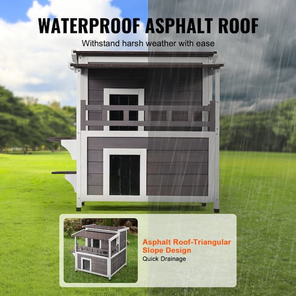 Dog house with waterproof asphalt roof on a grassy background