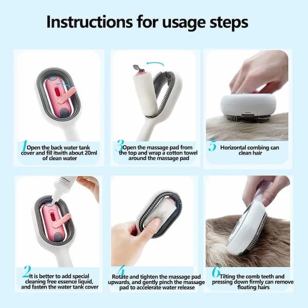 Instructions for using a cat grooming tool with step-by-step illustrations on a light blue background.