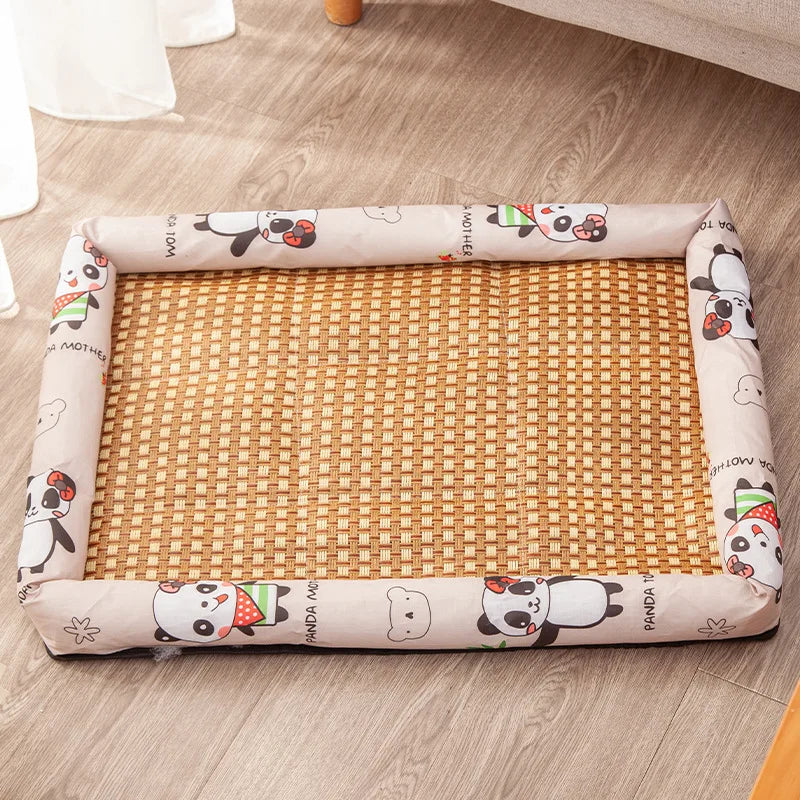 Pet cooling rattan bed with panda design on a wooden floor