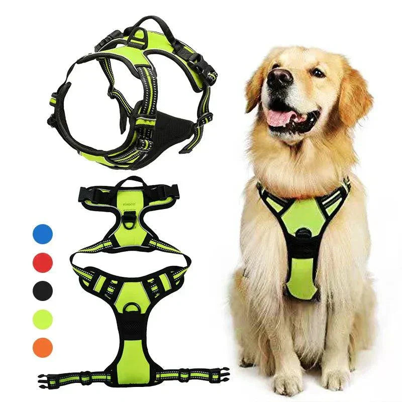 Reflective Adjustable Pet Harness with breathable vest chest strap, shown on a dog, in various colors.