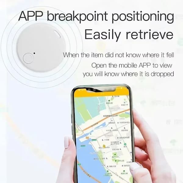 Smart device with app for locating dropped items, held by a hand with a phone displaying a map.