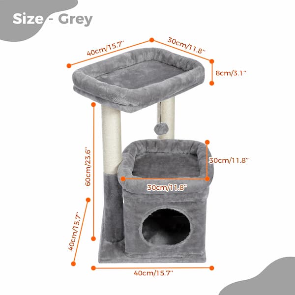 Gray cat tree with measurements on a white background